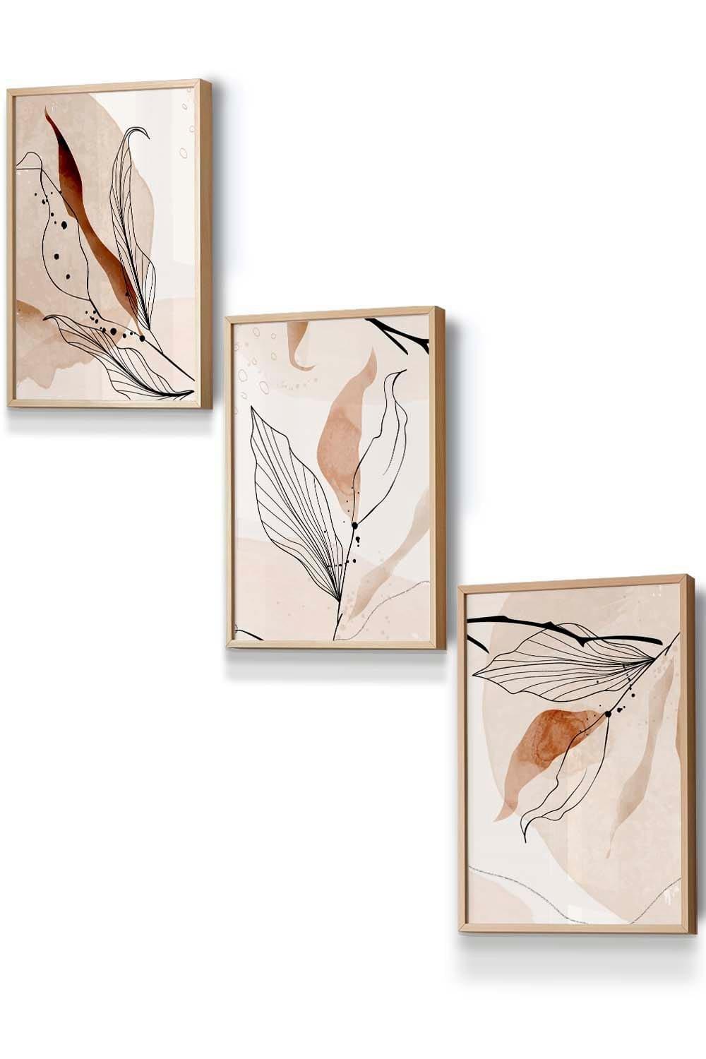 Set of 3 Oak Framed Graphical Line Art Autumn Leaves Wall Art